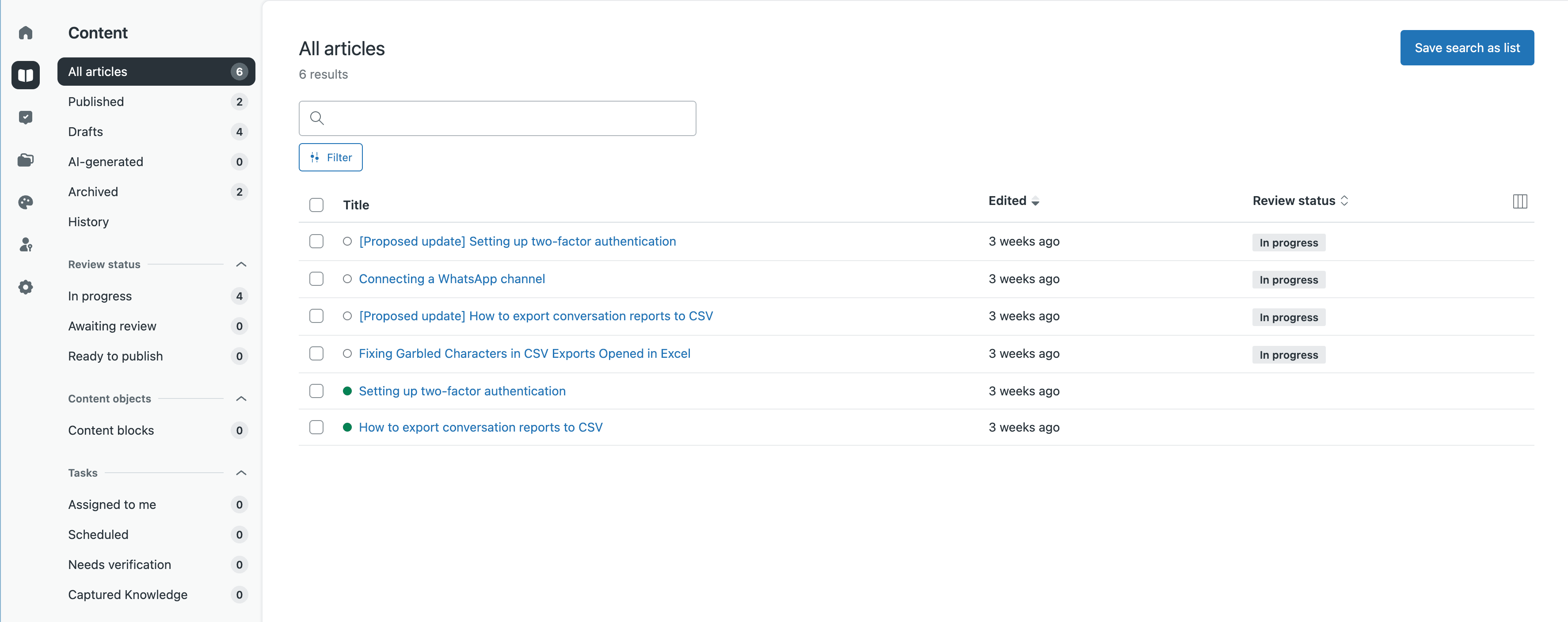 Zendesk Guide article list: AutoKnowledgeBase drafts, including "[Proposed update]" drafts, sit next to the published originals, which stay unchanged