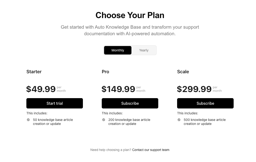 Auto Knowledge Base pricing page