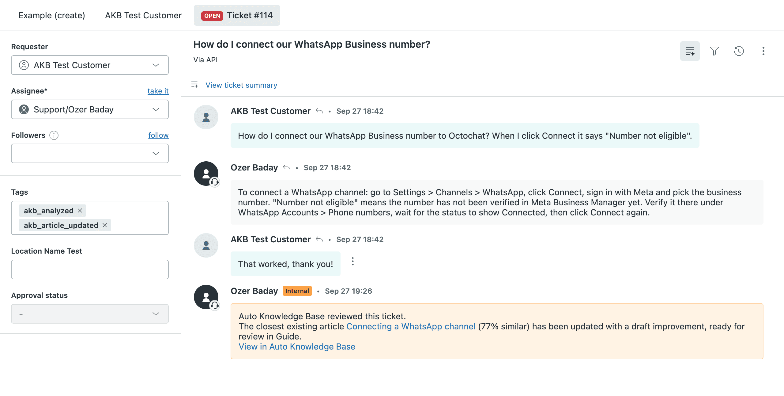 A solved Zendesk ticket with the tags akb_analyzed and akb_article_updated, and a private internal note explaining which article was updated and how similar it was